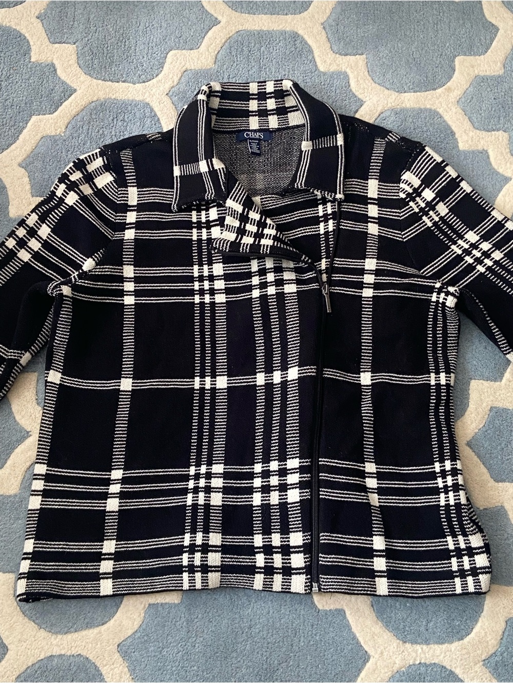 Chaps Black and White Plaid Knit Moto Jacket/Blazer